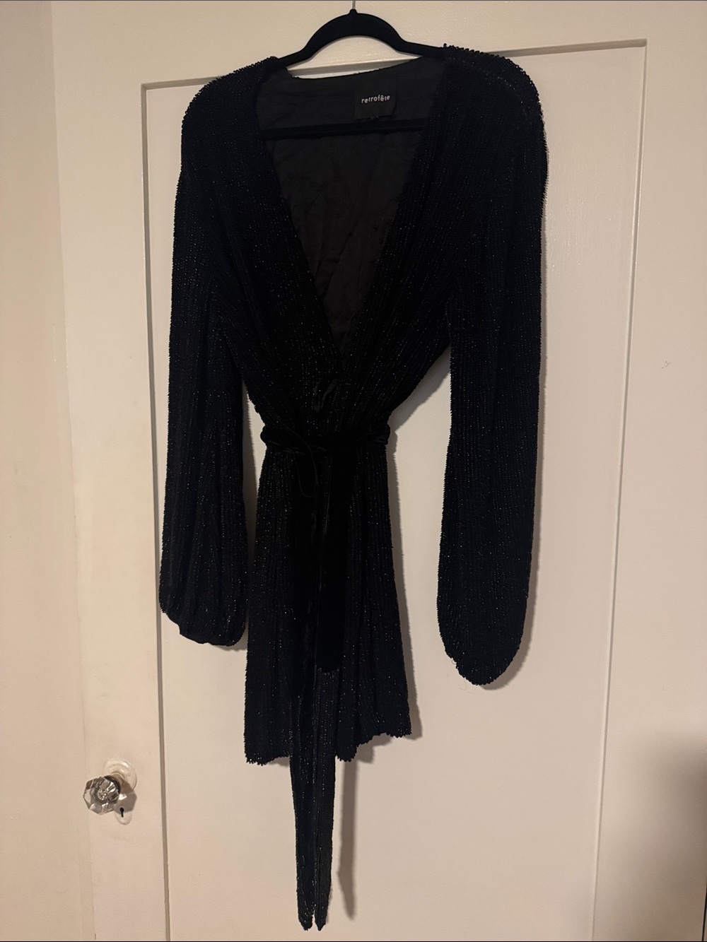 Retrofete Black Mini Wrap Dress with Subtle Sparkle